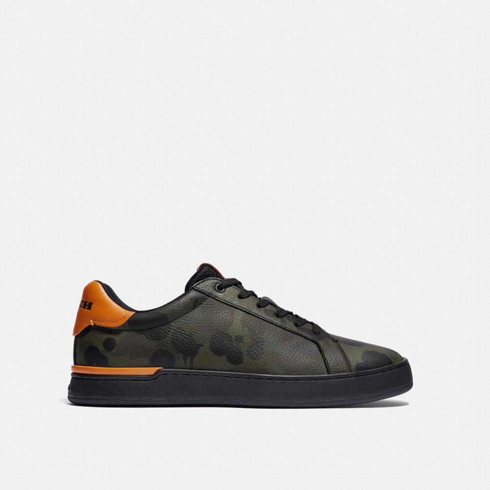 COACH®,LOWLINE LOW TOP SNEAKER WITH CAMO PRINT,Leather,Military Wildbeast/Clementine,Angle View