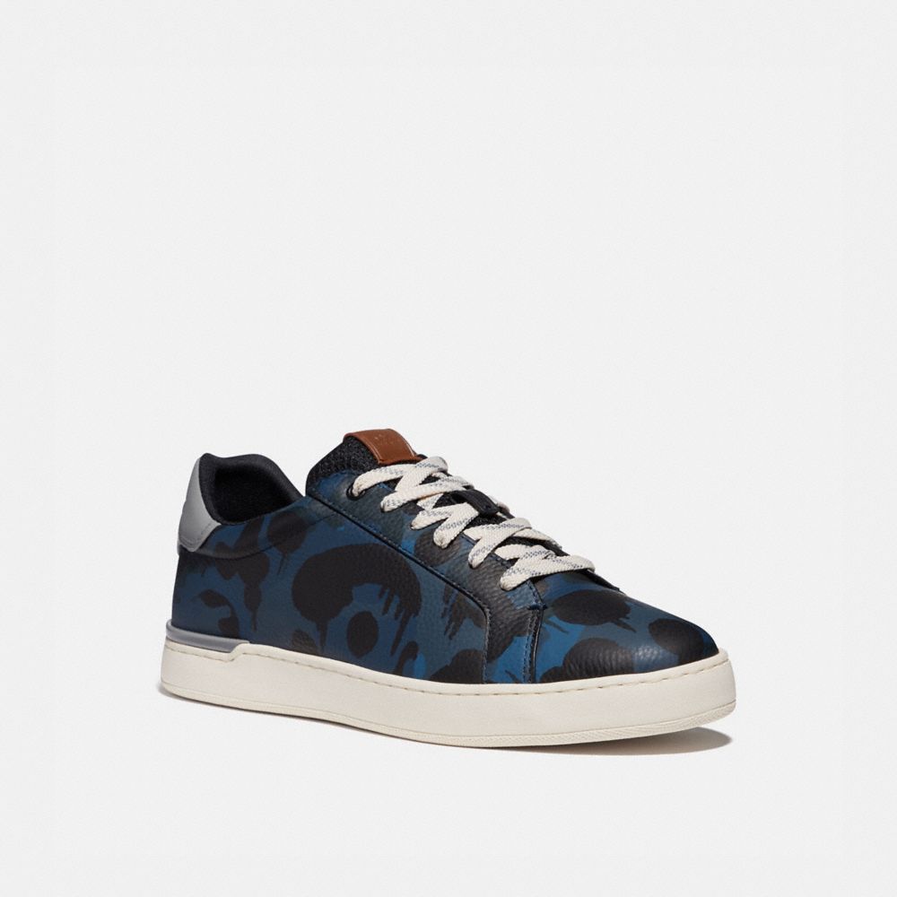 COACH®,LOWLINE LOW TOP SNEAKER WITH CAMO PRINT,Leather,Denim Wildbeast/Washed Steel,Front View