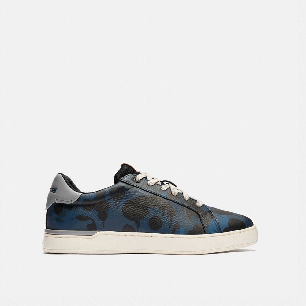 COACH®,LOWLINE LOW TOP SNEAKER WITH CAMO PRINT,Leather,Denim Wildbeast/Washed Steel,Angle View