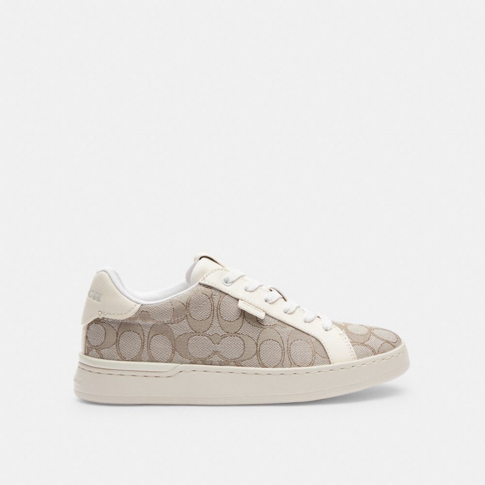COACH®,LOWLINE LOW TOP SNEAKER,Signature Jacquard,Stone/Chalk,Angle View