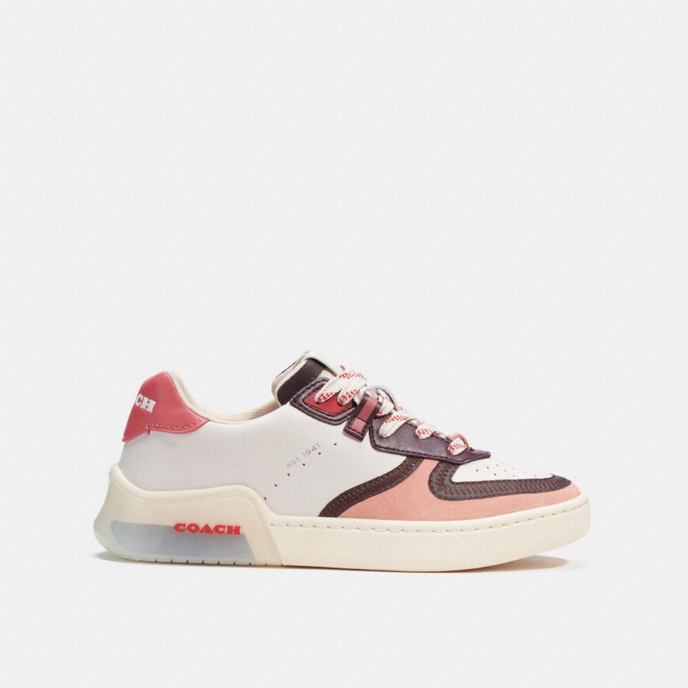 COACH®,CITYSOLE COURT SNEAKER,Suede/Leather,Optic White/ Candy Pink,Angle View