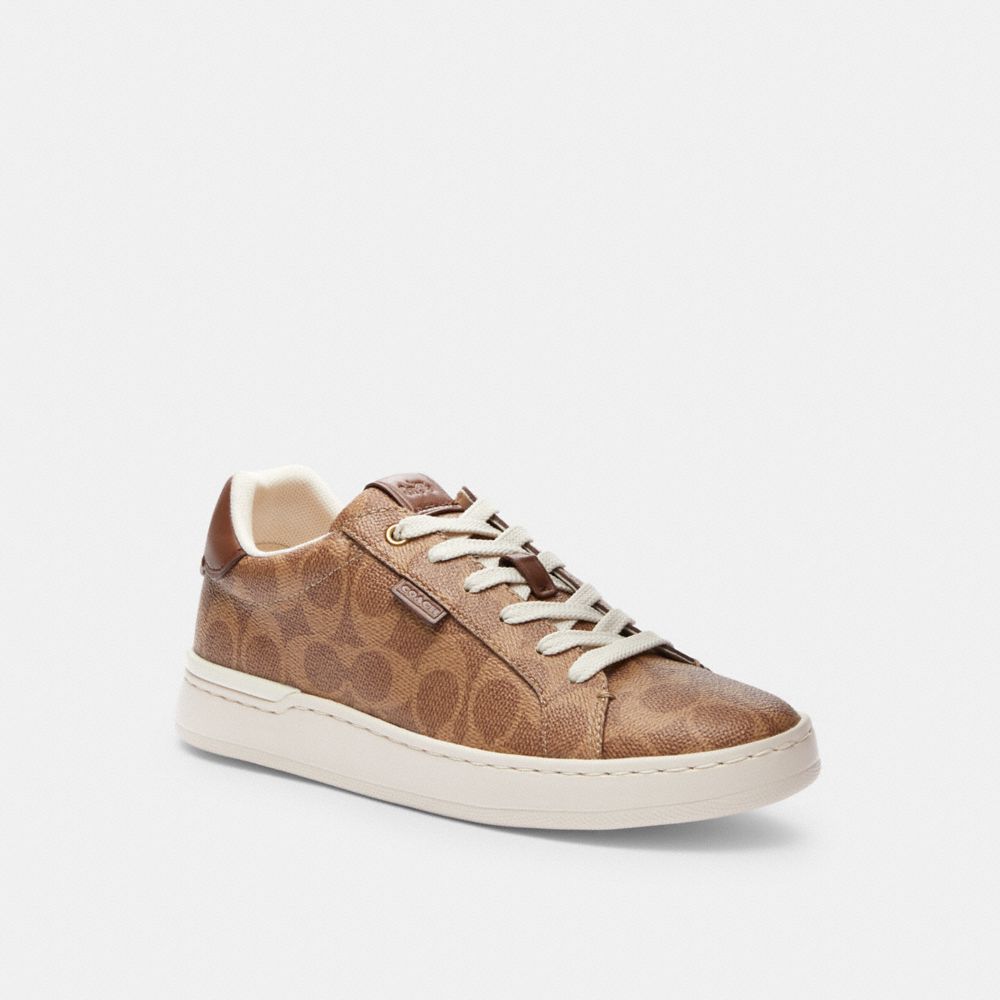 COACH®,LOWLINE LUXE LOW TOP SNEAKER,Signature Coated Canvas/Leather,Tan,Front View image number 0