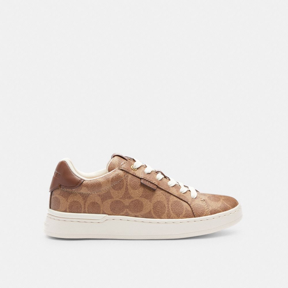 COACH®,LOWLINE LUXE LOW TOP SNEAKER,Signature Coated Canvas/Leather,Tan,Angle View