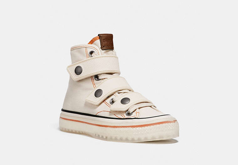 COACH®,HIGH TOP BUTTON UP SNEAKER,canvas,Chalk,Front View