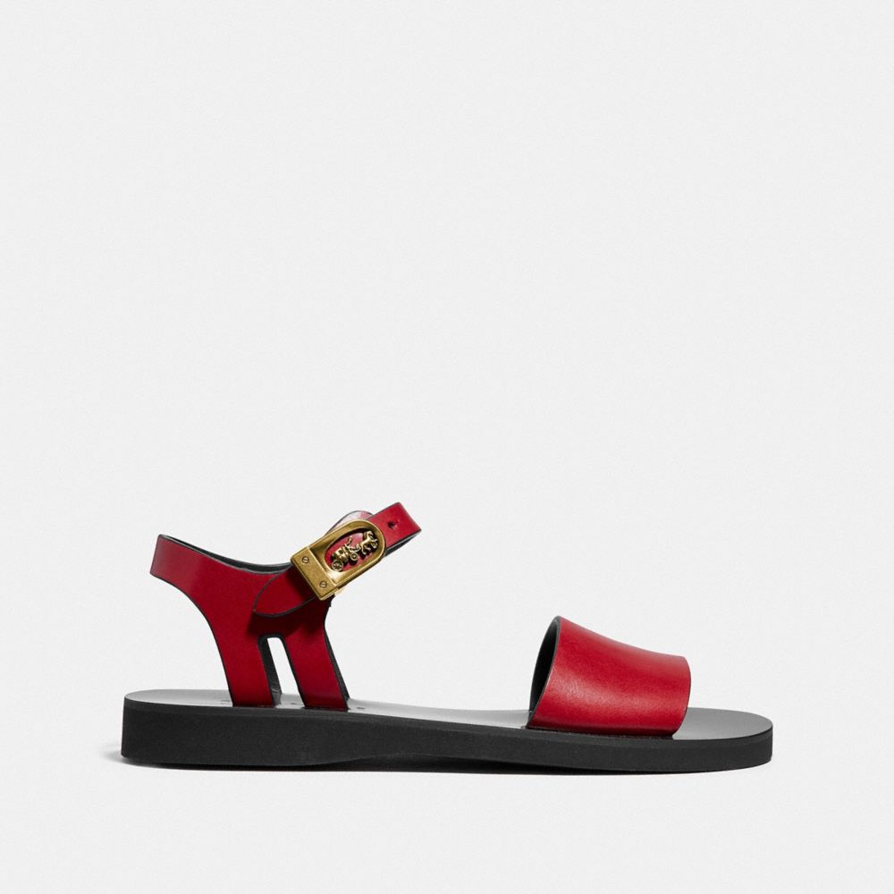 COACH®,ANKLE STRAP SANDAL,Leather,Red.,Angle View