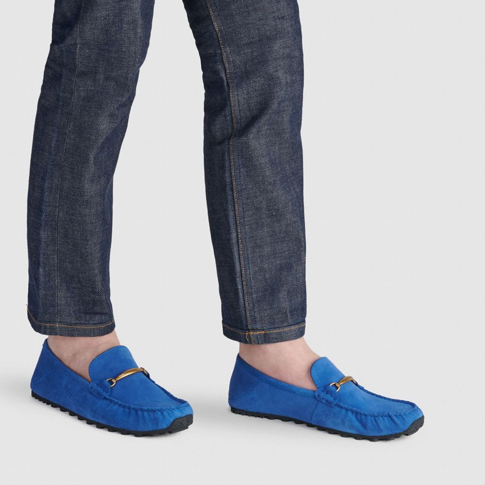 COACH®,Collapsible Heel Driver,Lining Leather,Leather,Rubber,Loafer,Metal,Side Vents,Silver Metal,Casual,Blue,Detail View