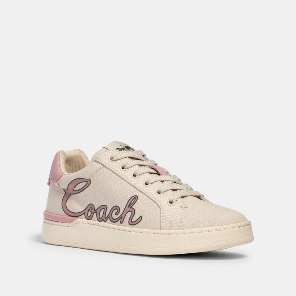 COACH®,CLIP LOW TOP SNEAKER WITH COACH PRINT,Chalk/Blossom,Front View