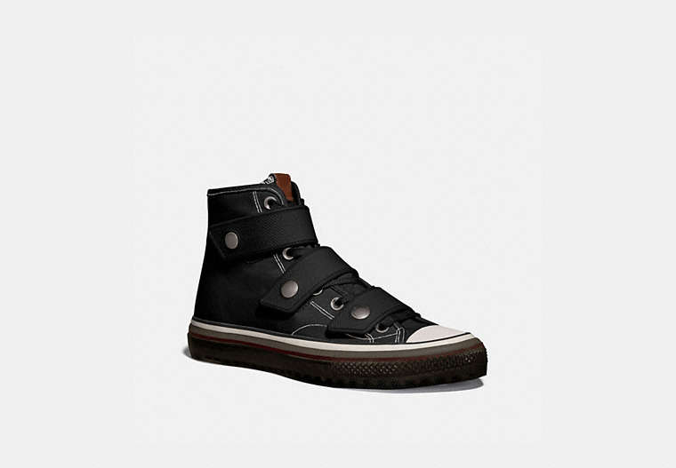 COACH®,HIGH TOP BUTTON UP SNEAKER,canvas,Black,Front View