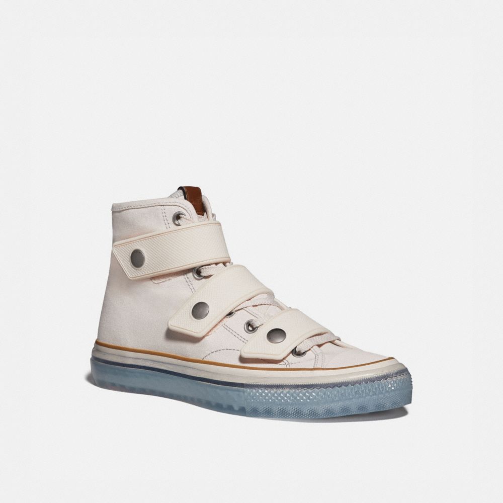 COACH®,HIGH TOP BUTTON UP SNEAKER,canvas,Chalk,Front View image number 0