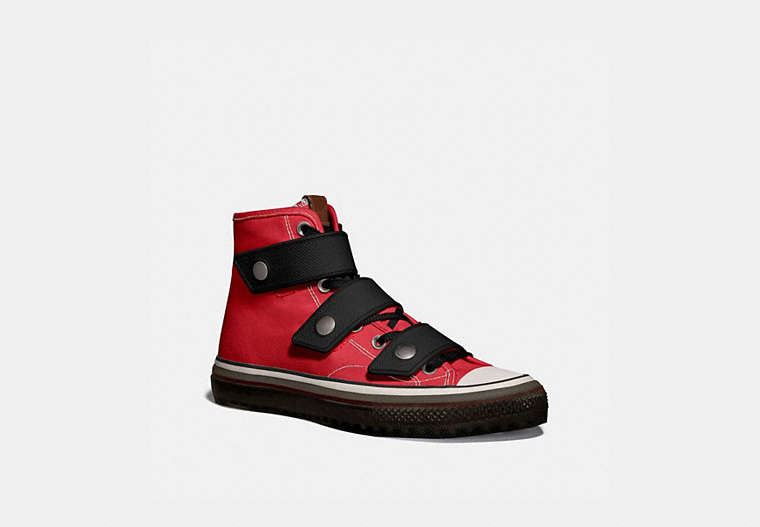 COACH®,HIGH TOP BUTTON UP SNEAKER,canvas,Red.,Front View
