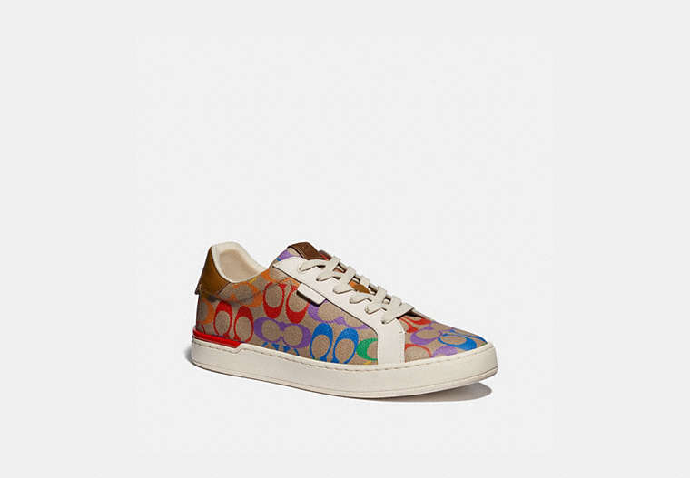 COACH®,LOWLINE LOW TOP SNEAKER IN RAINBOW SIGNATURE CANVAS,Coated Canvas,TAN MULTI,Front View
