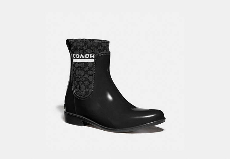 COACH®,RIVINGTON RAIN BOOTIE,Rubber/Fabric,Black,Front View