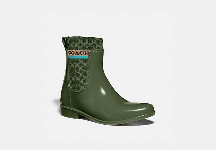 COACH®,RIVINGTON RAIN BOOTIE,Rubber/Fabric,Bronze Green,Front View