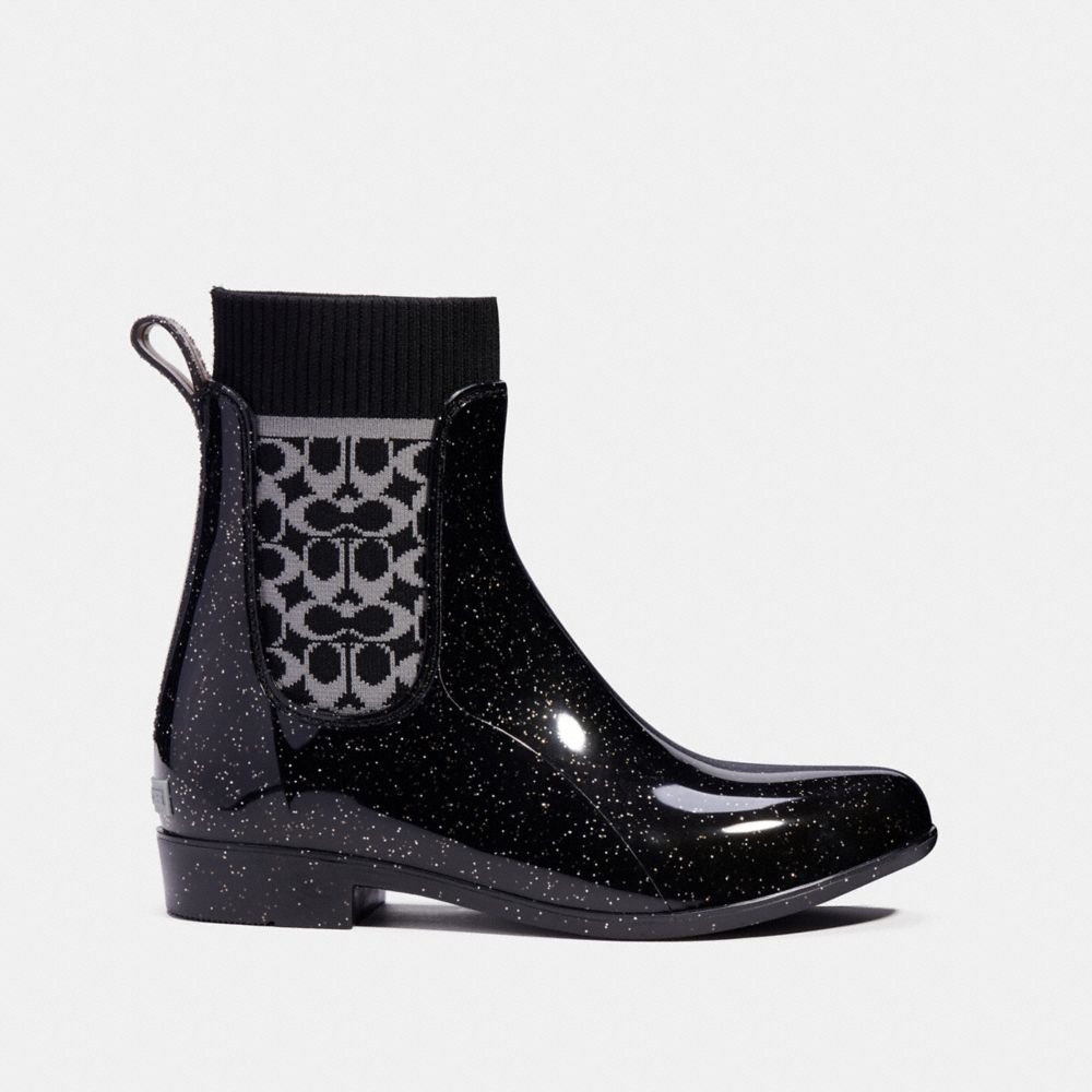 COACH®,RAIN BOOTIE,Black Glitter,Angle View