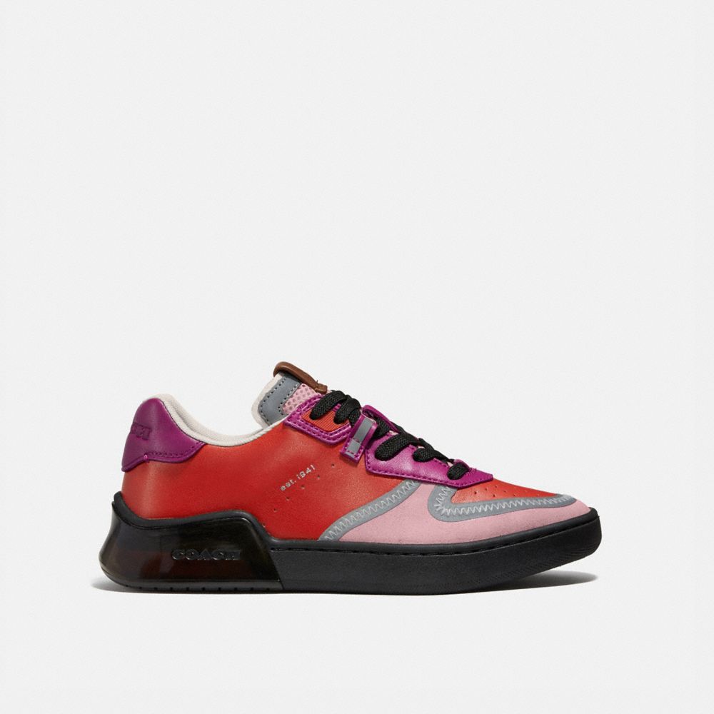 COACH®,Citysole Court Sneaker,Leather,Rubber,Casual,Piping,Stitching,Perforated,Mixed Media,Stripe,Mesh,Color Block,Cushio...,Red,Angle View