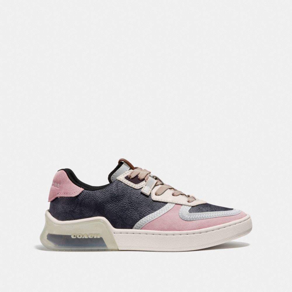 COACH®,Citysole Court Sneaker With Camo Print,Leather,Rubber,Casual,Mixed Media,Piping,Color Block,Perforated,Flexible Ins...,Black,Angle View