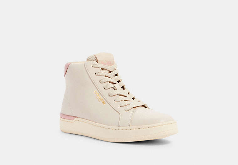 COACH®,CLIP HIGH TOP SNEAKER,Leather,Chalk/Blossom,Front View