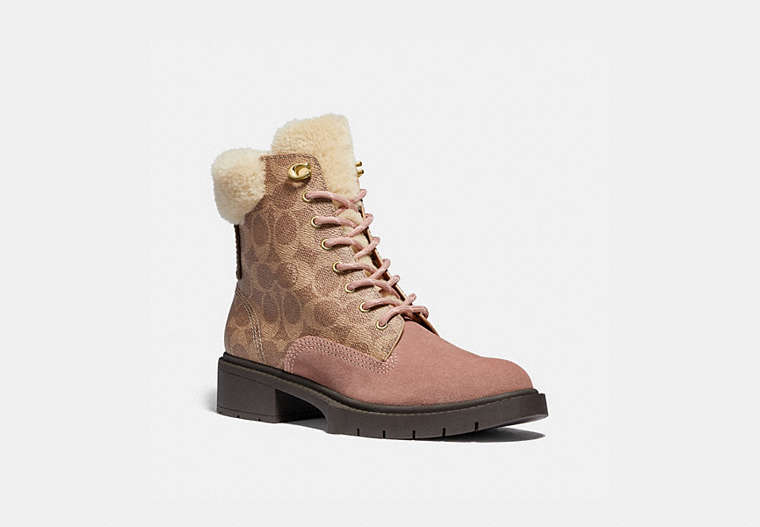 COACH®,LORIMER BOOTIE IN SIGNATURE CANVAS,Leather,Dusty Rose/Tan,Front View image number 0