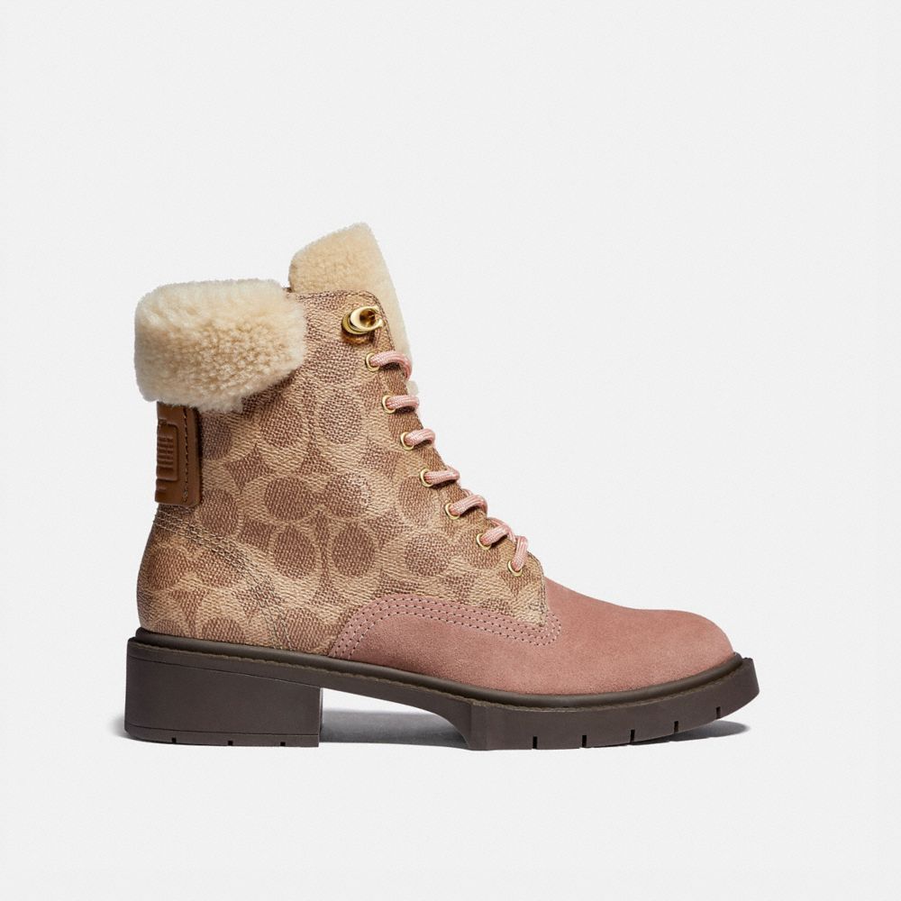 COACH®,LORIMER BOOTIE IN SIGNATURE CANVAS,Leather,Dusty Rose/Tan,Angle View