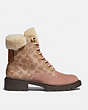 COACH®,LORIMER BOOTIE IN SIGNATURE CANVAS,Leather,Dusty Rose/Tan,Angle View