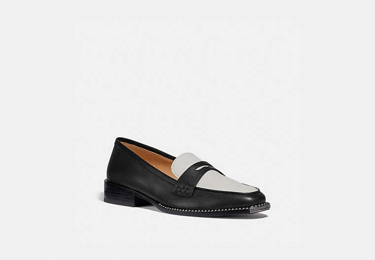 COACH®,NELLI LOAFER,Leather,Black/Optic White,Front View