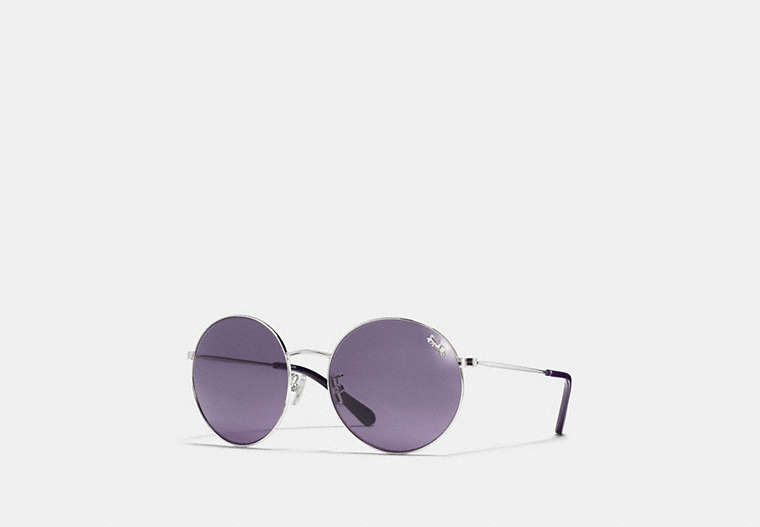 COACH®,THIN METAL ROUND SUNGLASSES,Metal,Silver/Violet Solid,Front View