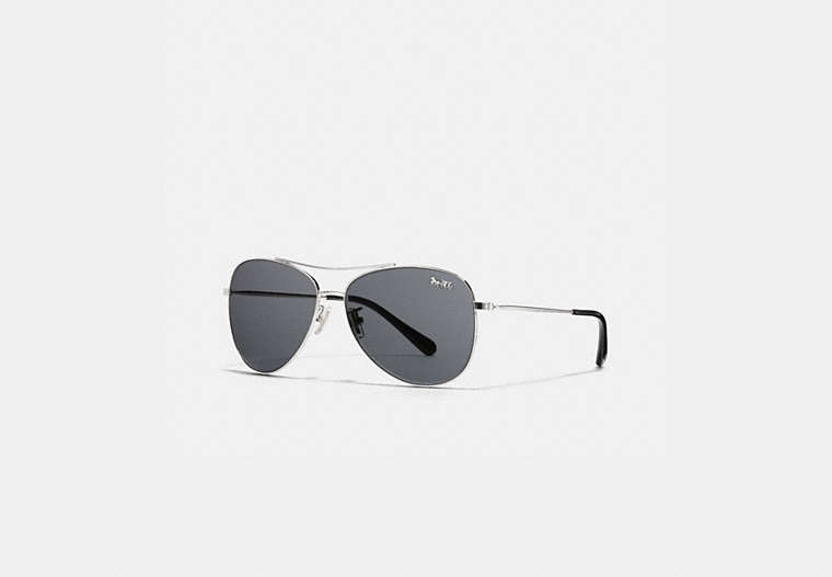 COACH®,THIN METAL PILOT SUNGLASSES,Metal,Shiny Silver/Dark Grey Solid,Front View