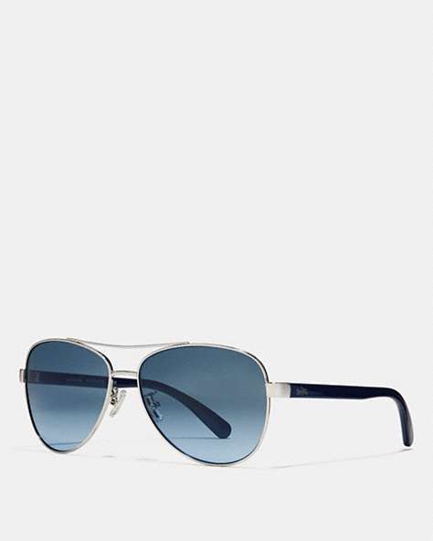 COACH®,HORSE AND CARRIAGE PILOT SUNGLASSES,Metal,Silver/Navy,Front View