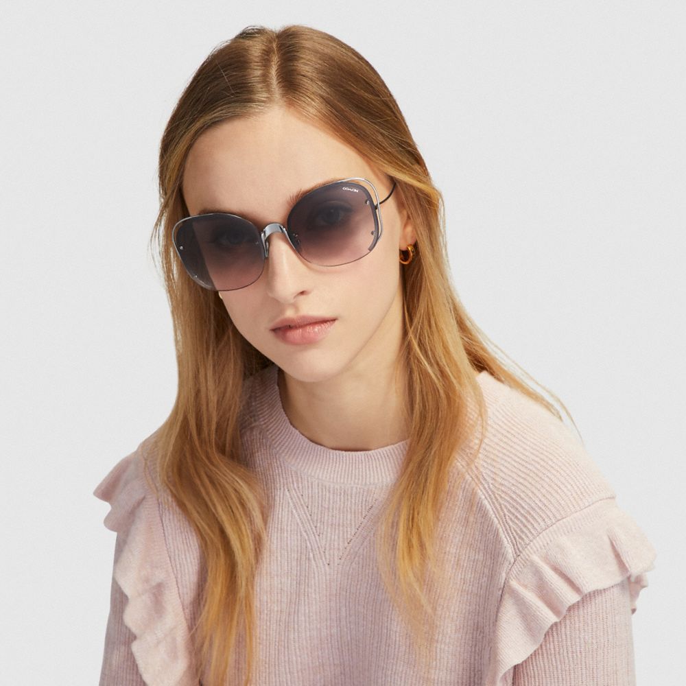 COACH®,OPEN WIRE SUNGLASSES,Metal,Gunmetal/Pink Brown Gradient,Angle View