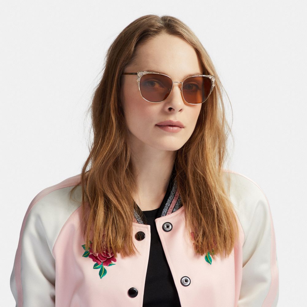 COACH®,Metal Tea Rose Cat Eye Sunglasses,,Angle View