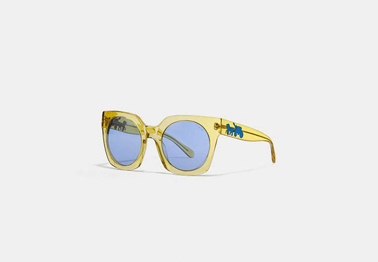 COACH®,HORSE AND CARRIAGE HOLOGRAM SUNGLASSES,Mixed Material,Yellow Trans/Li Blue Solid,Front View