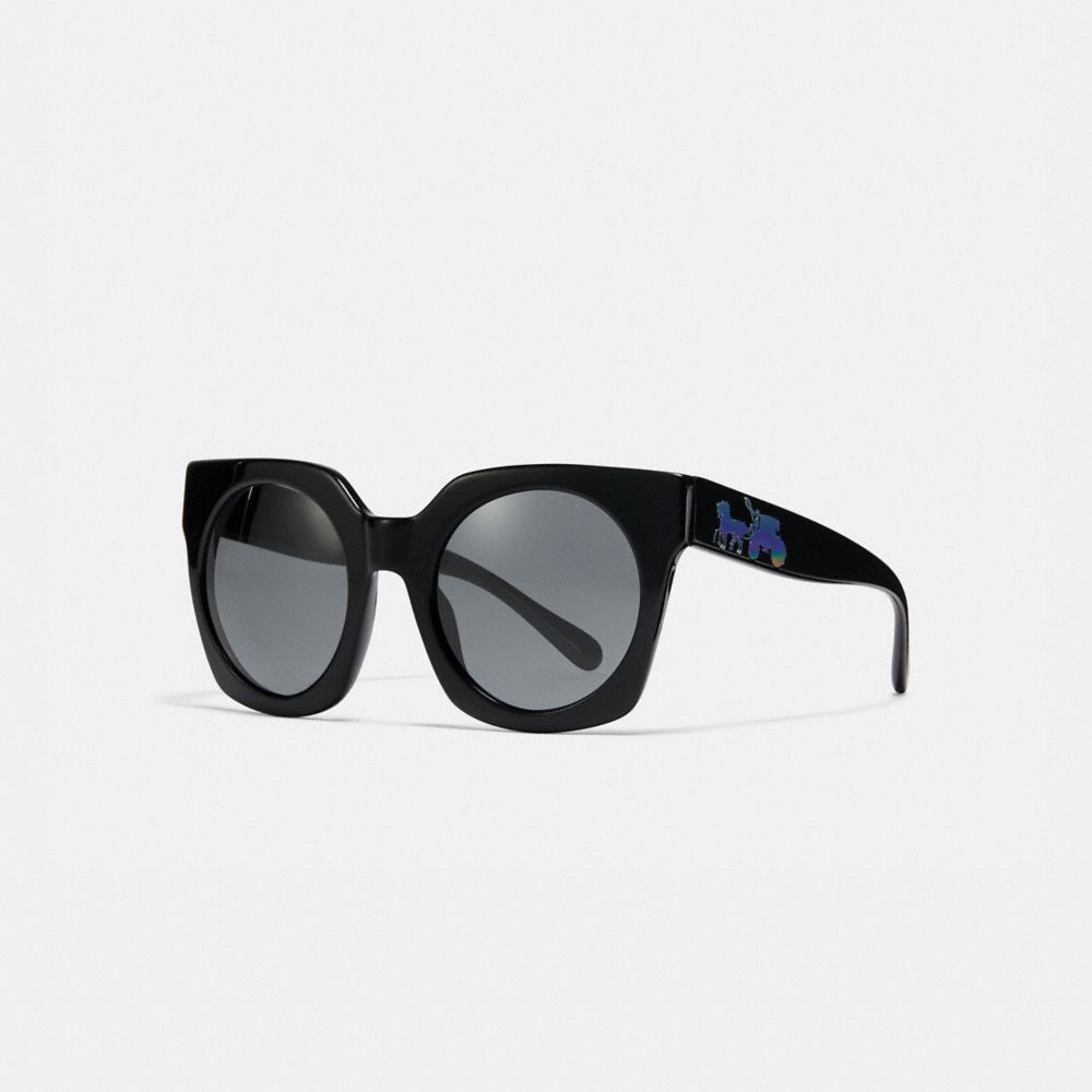 COACH®,HORSE AND CARRIAGE HOLOGRAM SUNGLASSES,Mixed Material,Black/Dark Grey Lens,Front View image number 0