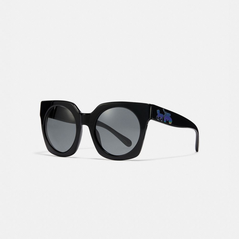 COACH®,HORSE AND CARRIAGE HOLOGRAM SUNGLASSES,Mixed Material,Black/Dark Grey Lens,Front View