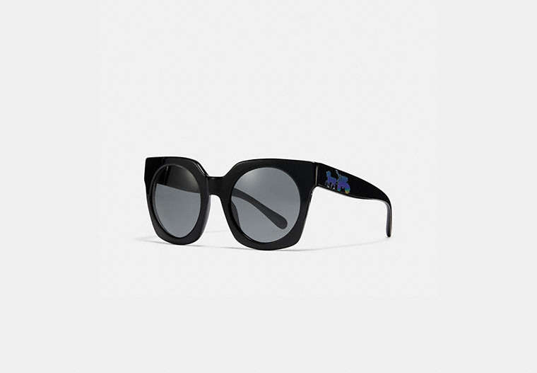 COACH®,HORSE AND CARRIAGE HOLOGRAM SUNGLASSES,Mixed Material,Black/Dark Grey Lens,Front View