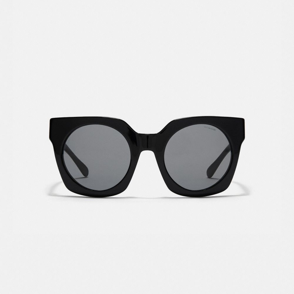 COACH®,HORSE AND CARRIAGE HOLOGRAM SUNGLASSES,Mixed Material,Black/Dark Grey Lens,Inside View,Top View