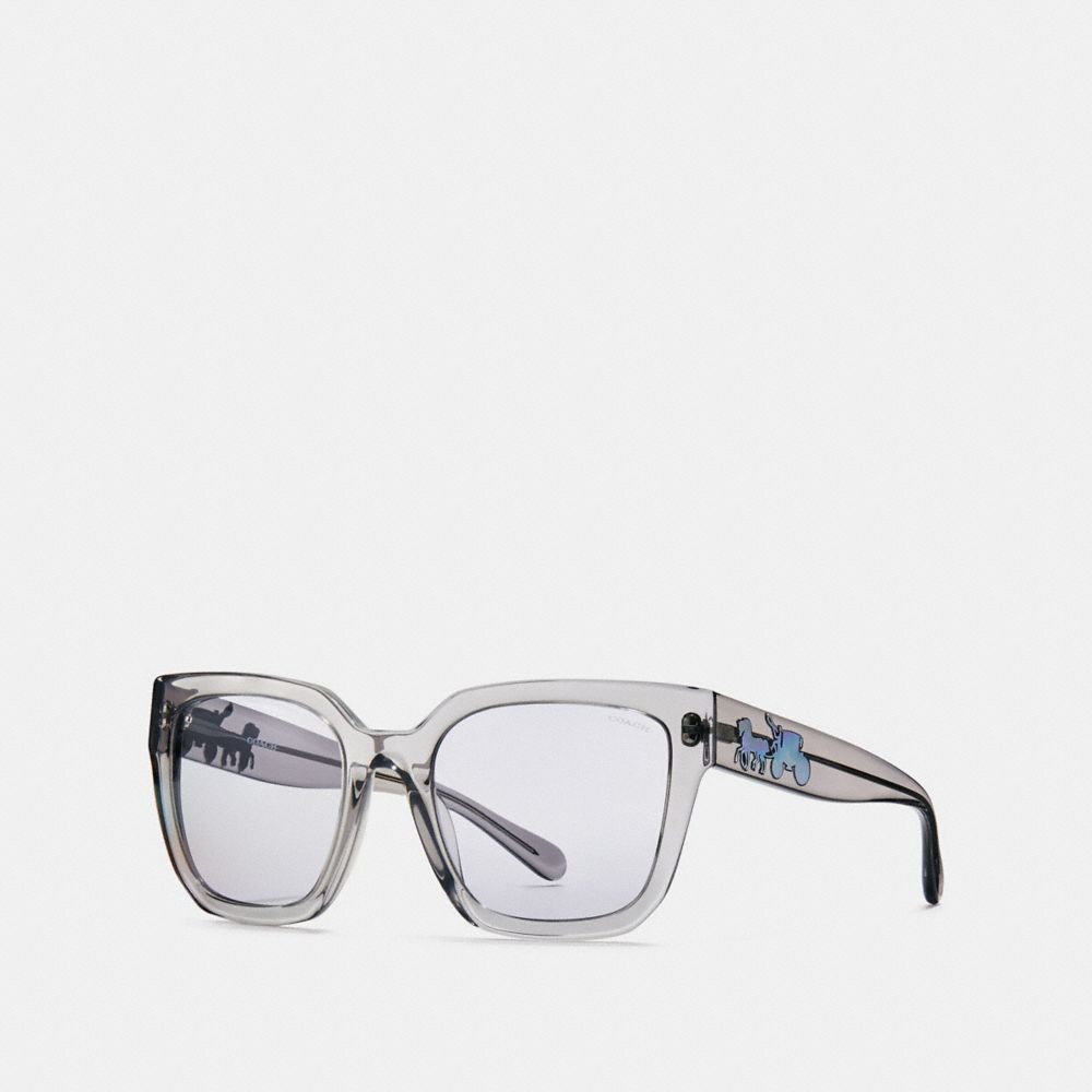 COACH®,HORSE AND CARRIAGE HOLOGRAM SQUARE SUNGLASSES,Mixed Material,Grey Trans/Violet Lens,Front View
