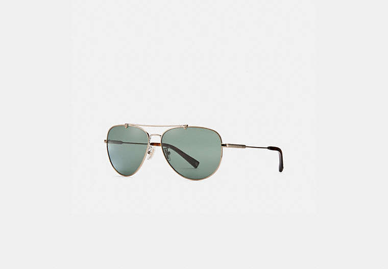 COACH®,WIRE FRAME PILOT SUNGLASSES,Metal,Shiny Light Gold/Green Solid,Front View