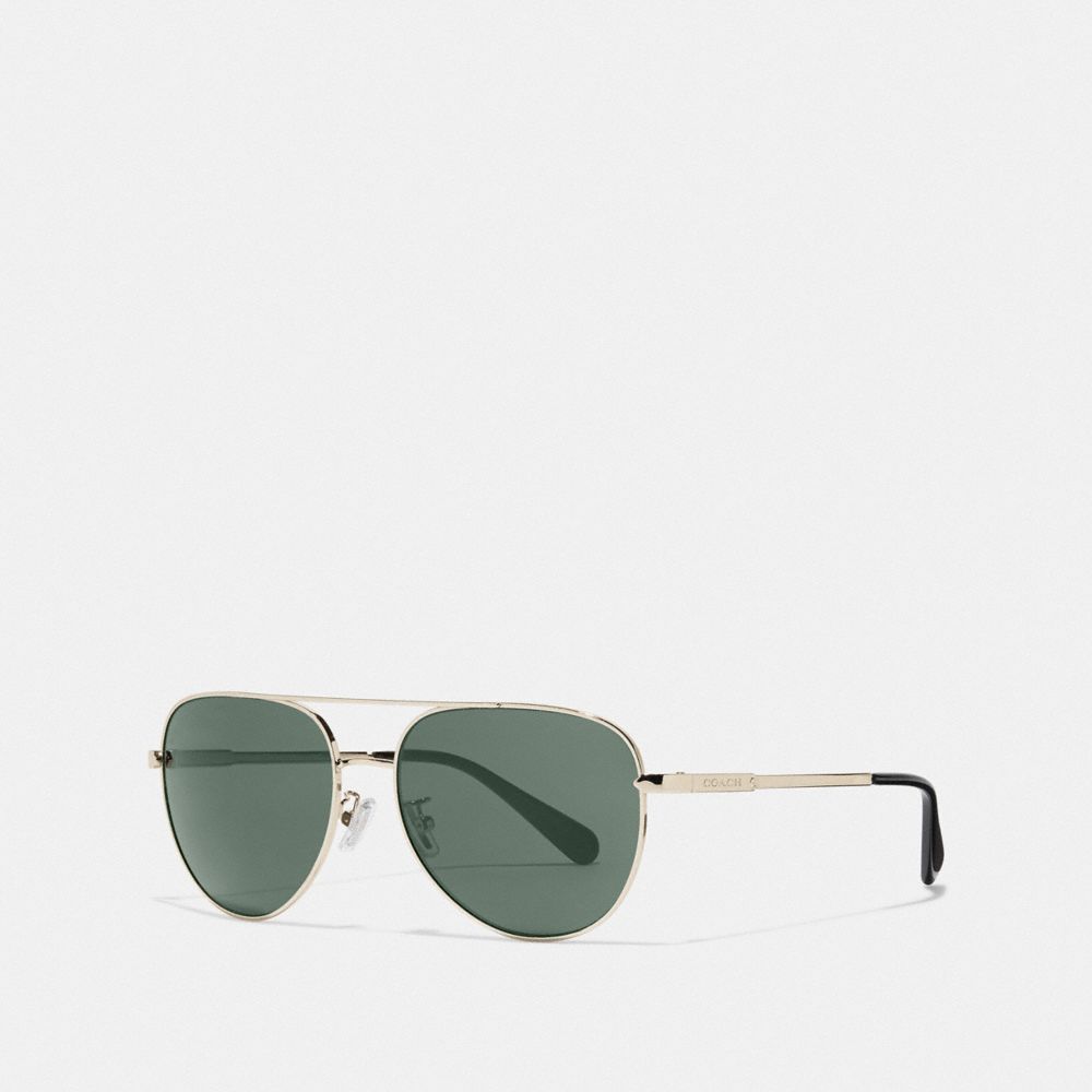 COACH®,COOPER PILOT SUNGLASSES,Shiny Light Gold/Green Solid,Front View
