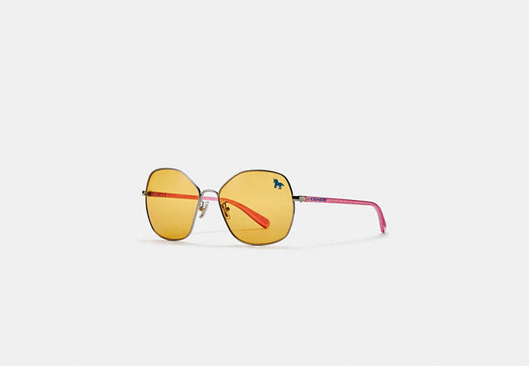 COACH®,SHAPED SUNGLASSES,Metal,Silver/Shimmer Pink/Amber,Front View