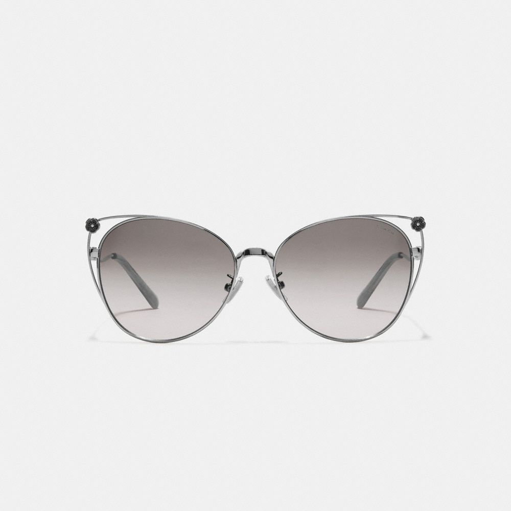 COACH®,TEA ROSE CAT EYE OPEN SUNGLASSES,Metal,Shiny Silver/Gray Gradient,Front View