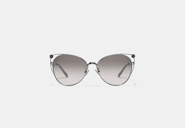 COACH®,TEA ROSE CAT EYE OPEN SUNGLASSES,Metal,Shiny Silver/Gray Gradient,Front View