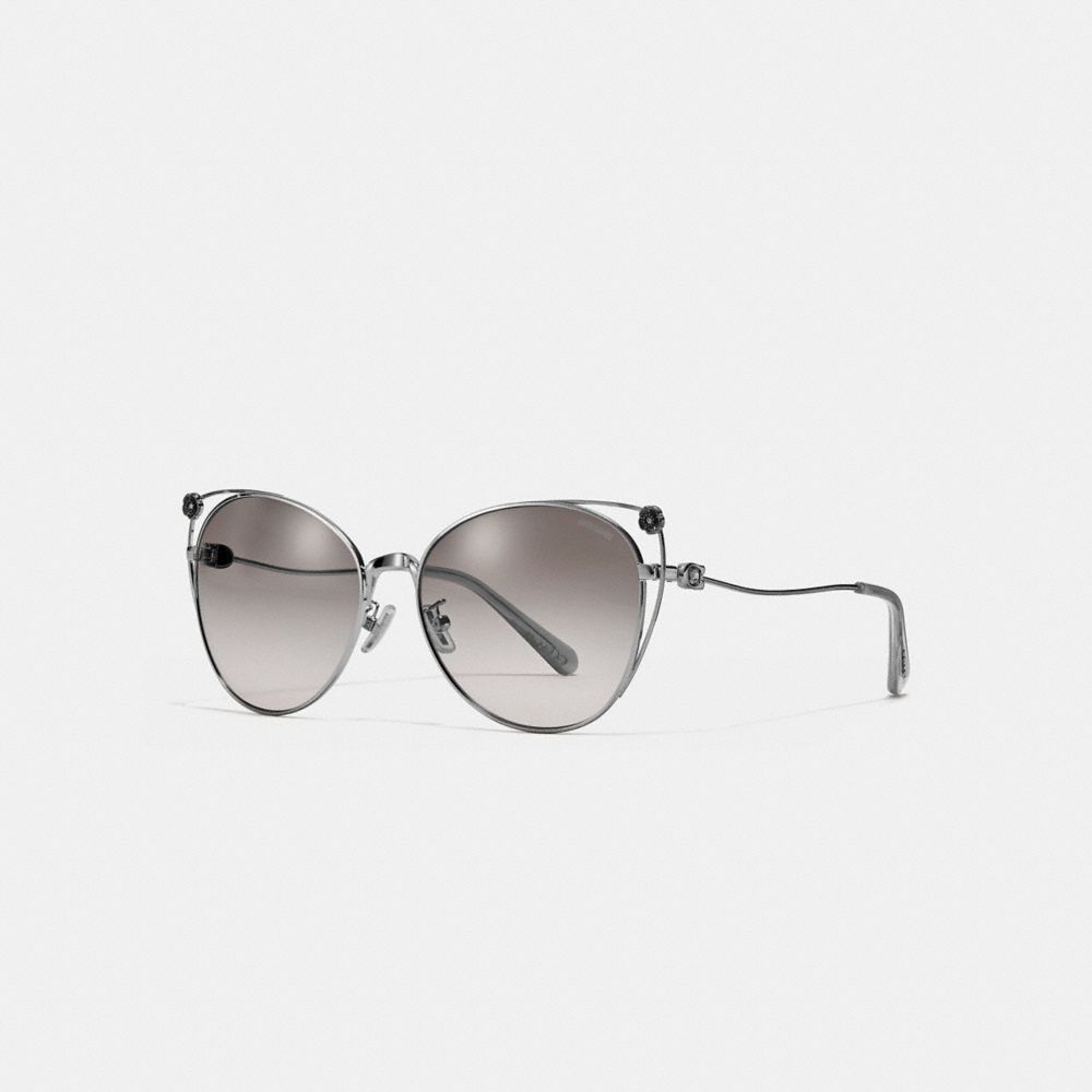 COACH®,TEA ROSE CAT EYE OPEN SUNGLASSES,Metal,Shiny Silver/Gray Gradient,Inside View,Top View