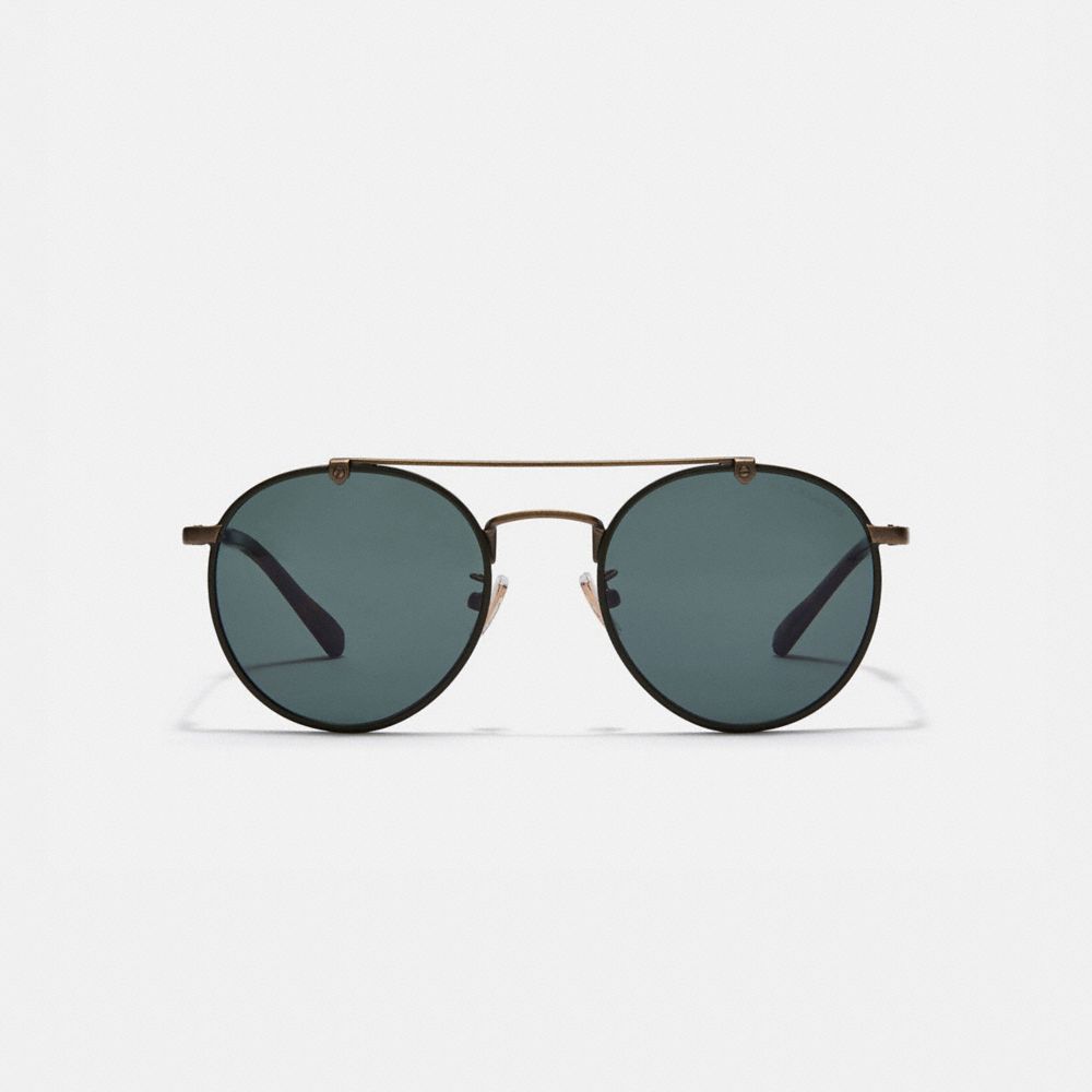 COACH®,THIN METAL ROUND SUNGLASSES,Metal,Antique Gold/Dark Green,Inside View,Top View
