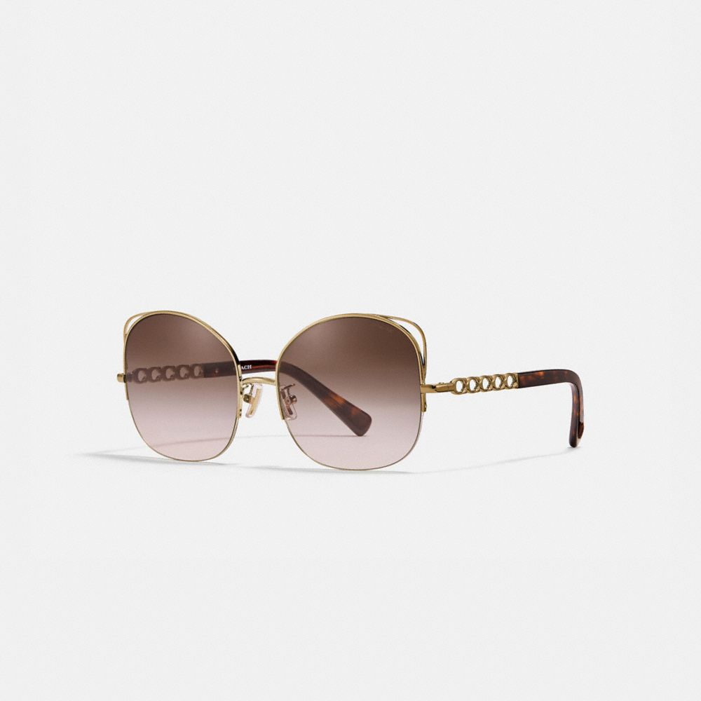 COACH®,SIGNATURE CHAIN OPEN WIRE SUNGLASSES,Metal,Dark Pink Gray Gradient,Front View