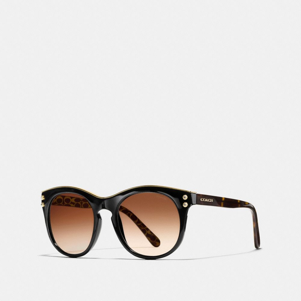COACH®,COACH NEW YORK ROUND SUNGLASSES,Plastic,Blk/Dk Tort Gold Sig C,Front View image number 0