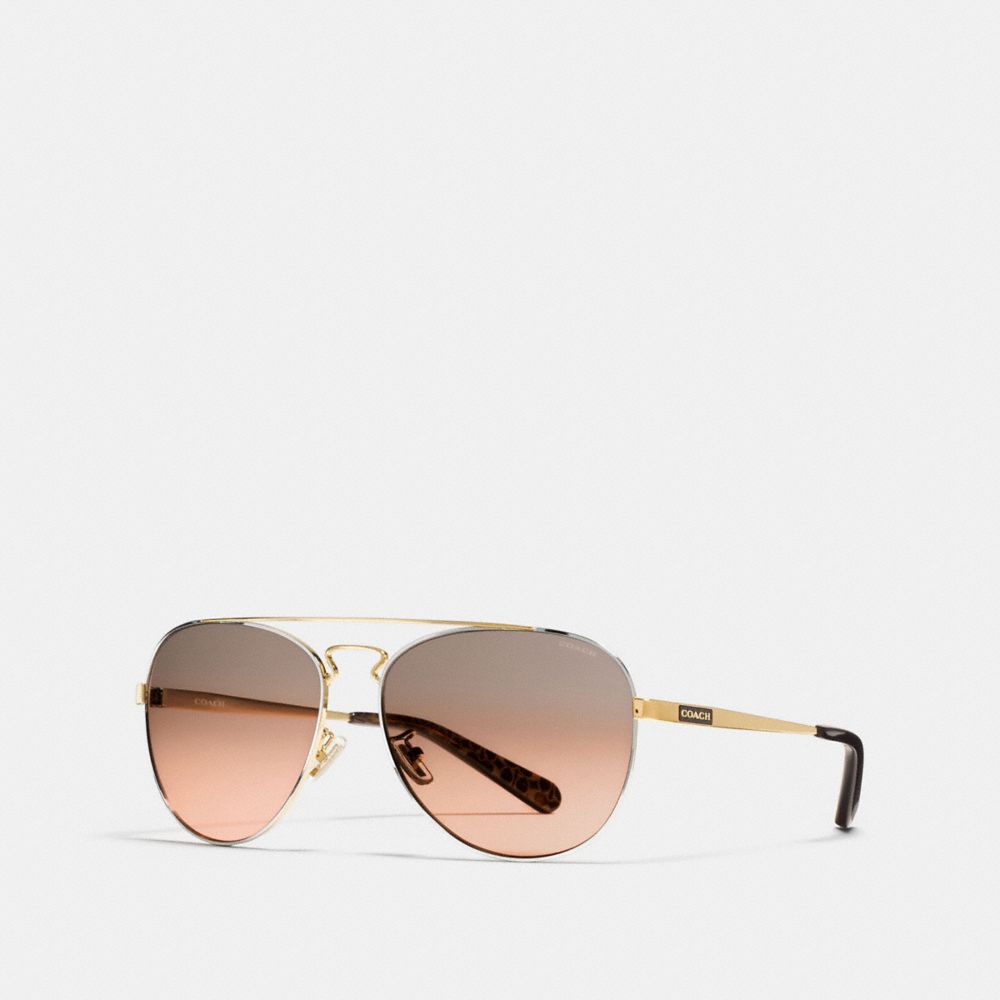 COACH®,COACH NEW YORK PILOT SUNGLASSES,Metal,Gld Silver/Dk Tort Gld Sig C,Front View