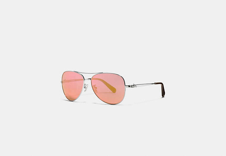 COACH®,HORSE AND CARRIAGE METAL PILOT SUNGLASSES,Metal,Gunmetal/Pink Mirror,Front View