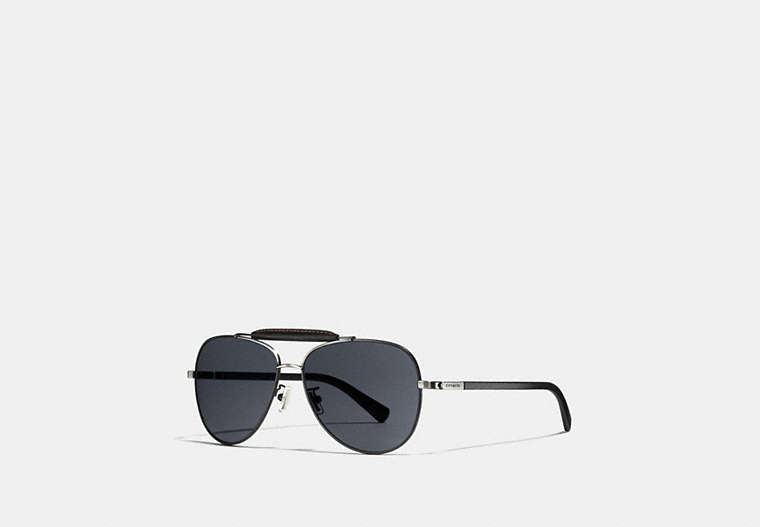 COACH®,LEATHER AVIATOR SUNGLASSES,Metal,ANT SLV/MT BLK,Front View