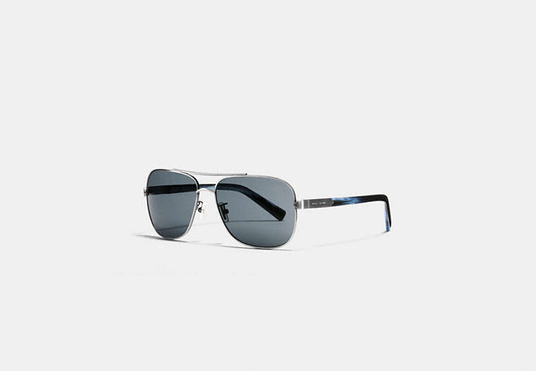 COACH®,TAG TEMPLE NAVIGATOR SUNGLASSES,Metal,ANTQE SLVR/BLUE HORN,Front View image number 0