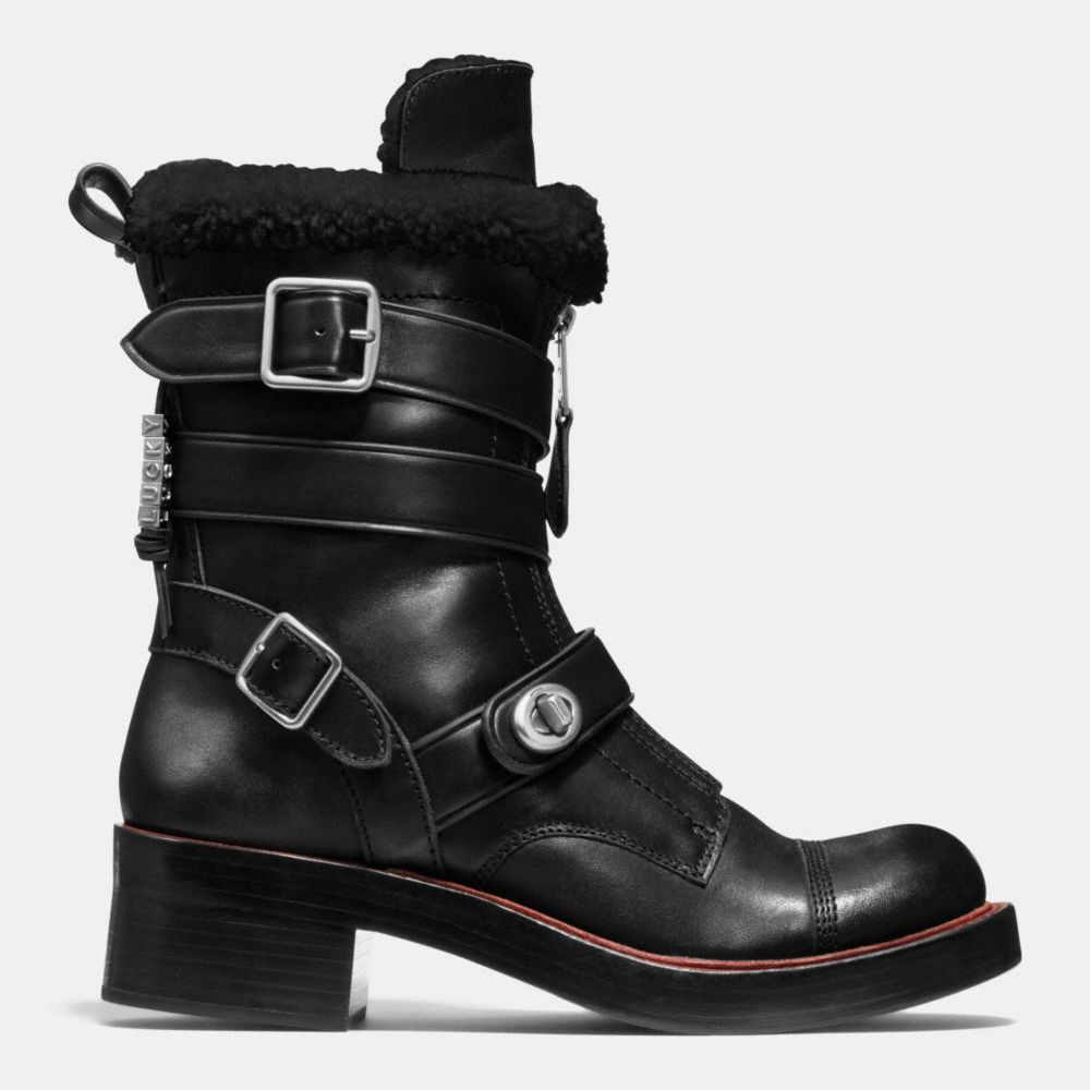 COACH®,ZIP MOTO BOOT,Leather,Black,Angle View